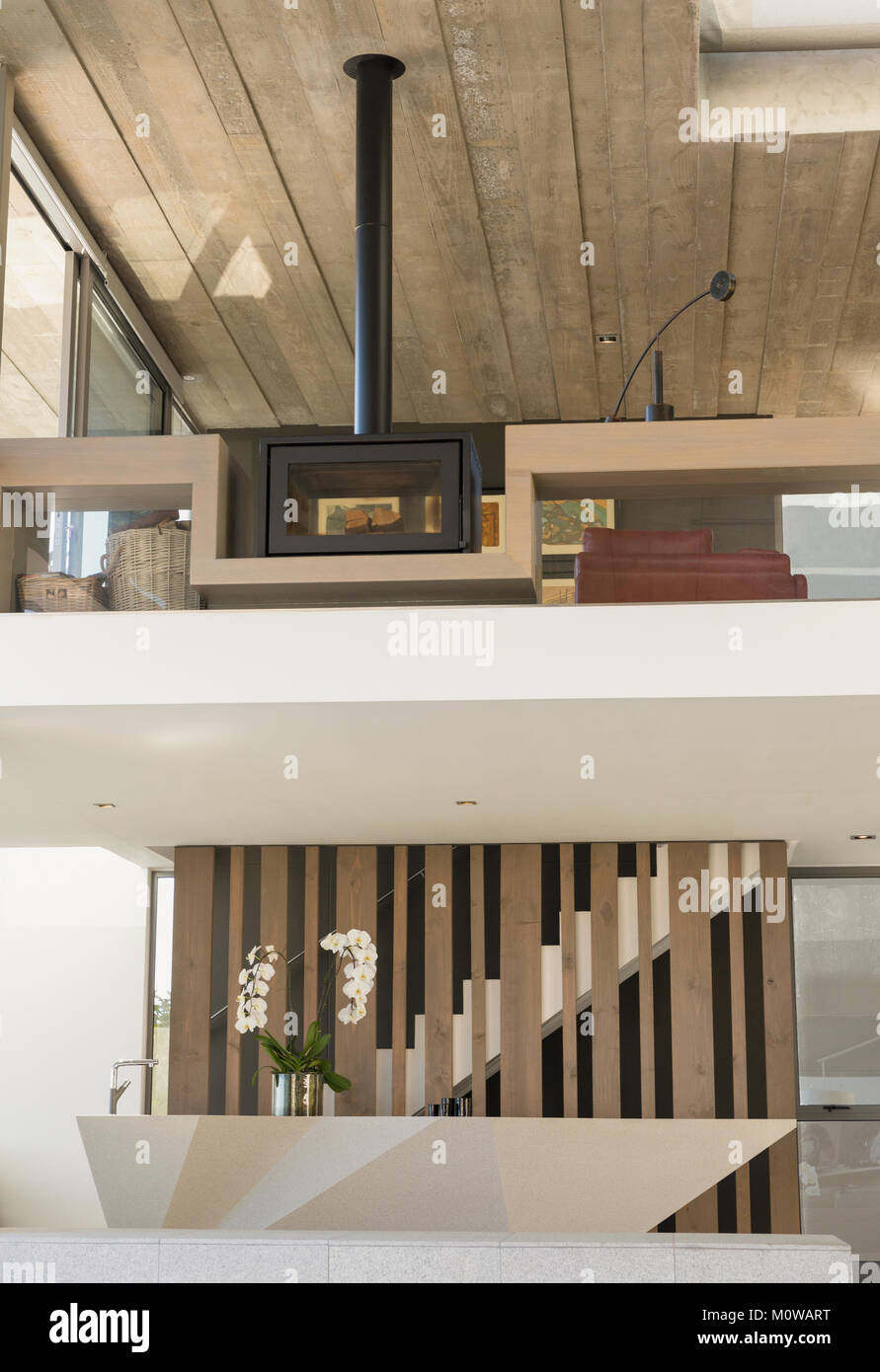 Wood stove fireplace on balcony in modern, luxury home showcase