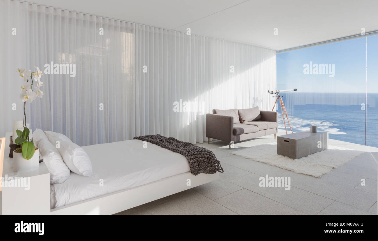 Modern Luxury Home Showcase Bedroom With Ocean View Stock