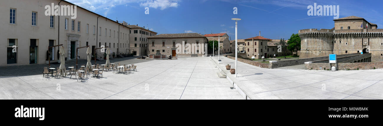 Senigallia - Italy - Panorama of 'Piazza del Duca' with the 'Rocca Roveresca' and 'Palazzetto Baviera' Stock Photo