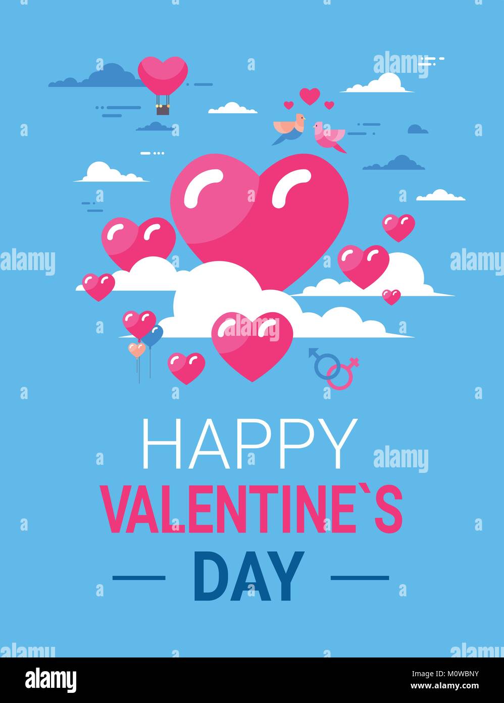 Valentines Day Greeting Card Pink Hearts Over White Clouds In Sky Stock ...