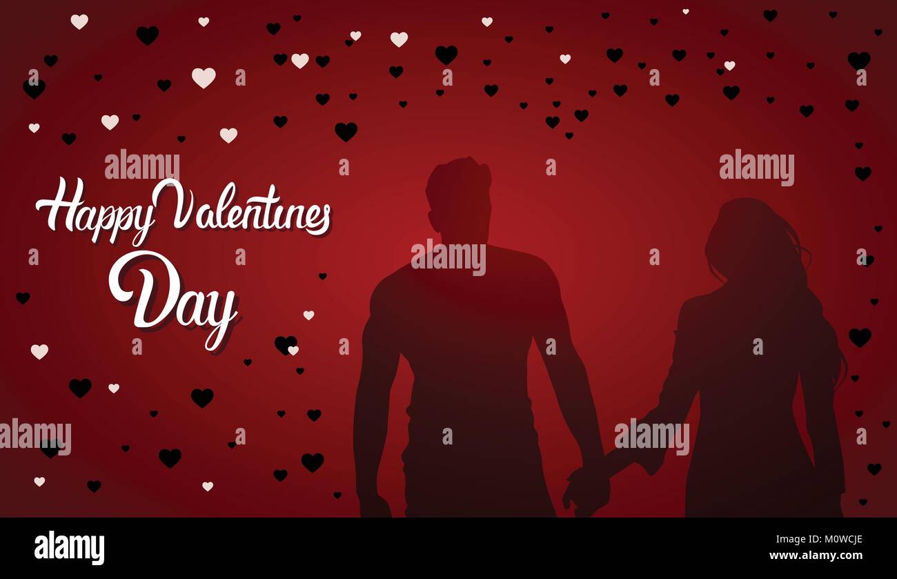 Happy Valentines Day Lettering Silhouette Couple Holding Hands Red ...