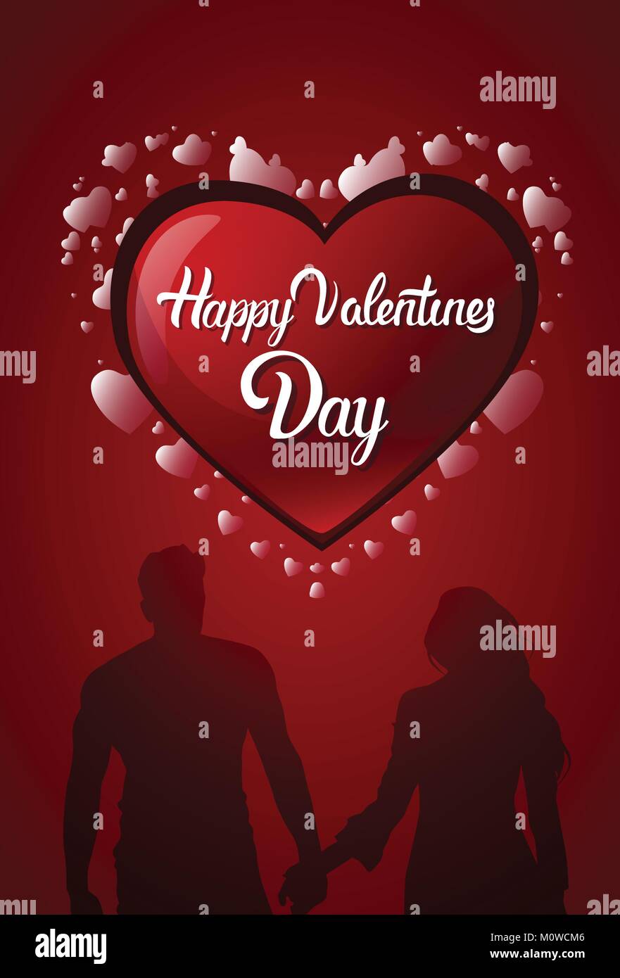 Happy Valentines Day Card Design Heart Shape And Couple Silhouettes ...