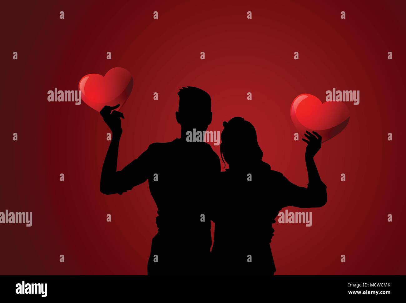 Silhouette Couple Holding Red Heart Shapes Valentines Day Background ...