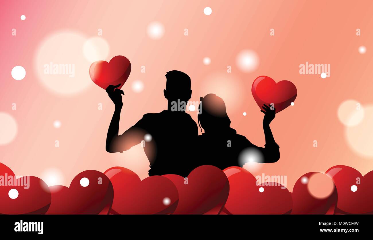 Silhouette Couple Over Valentines Day Greeting Card Background With Red ...