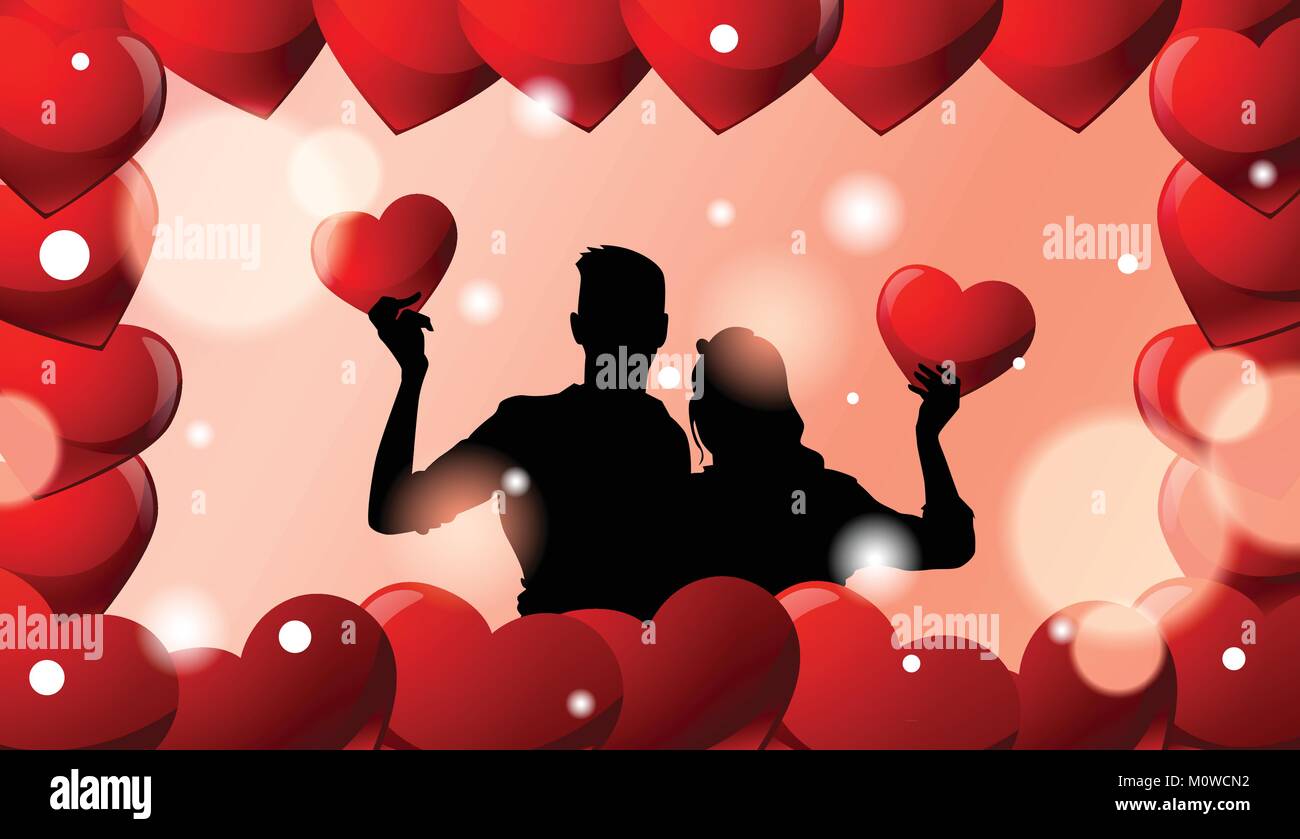 Black Silhouette Couple Embracing Over Valentines Day Background In Red ...