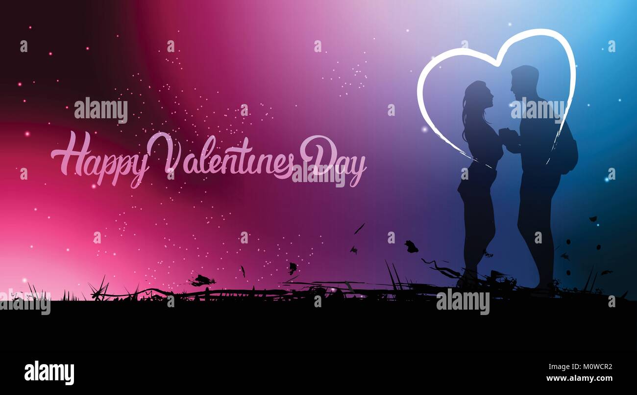 Beautiful Valentines Day Banner With Silhouette Couple Holding