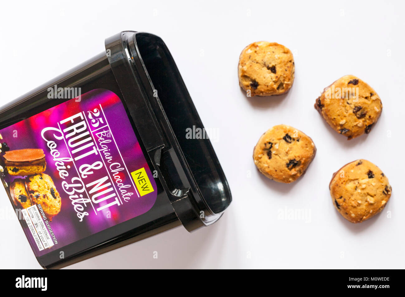 Tub of M&S Belgian chocolate Fruit & Nut Cookie Bites opened with