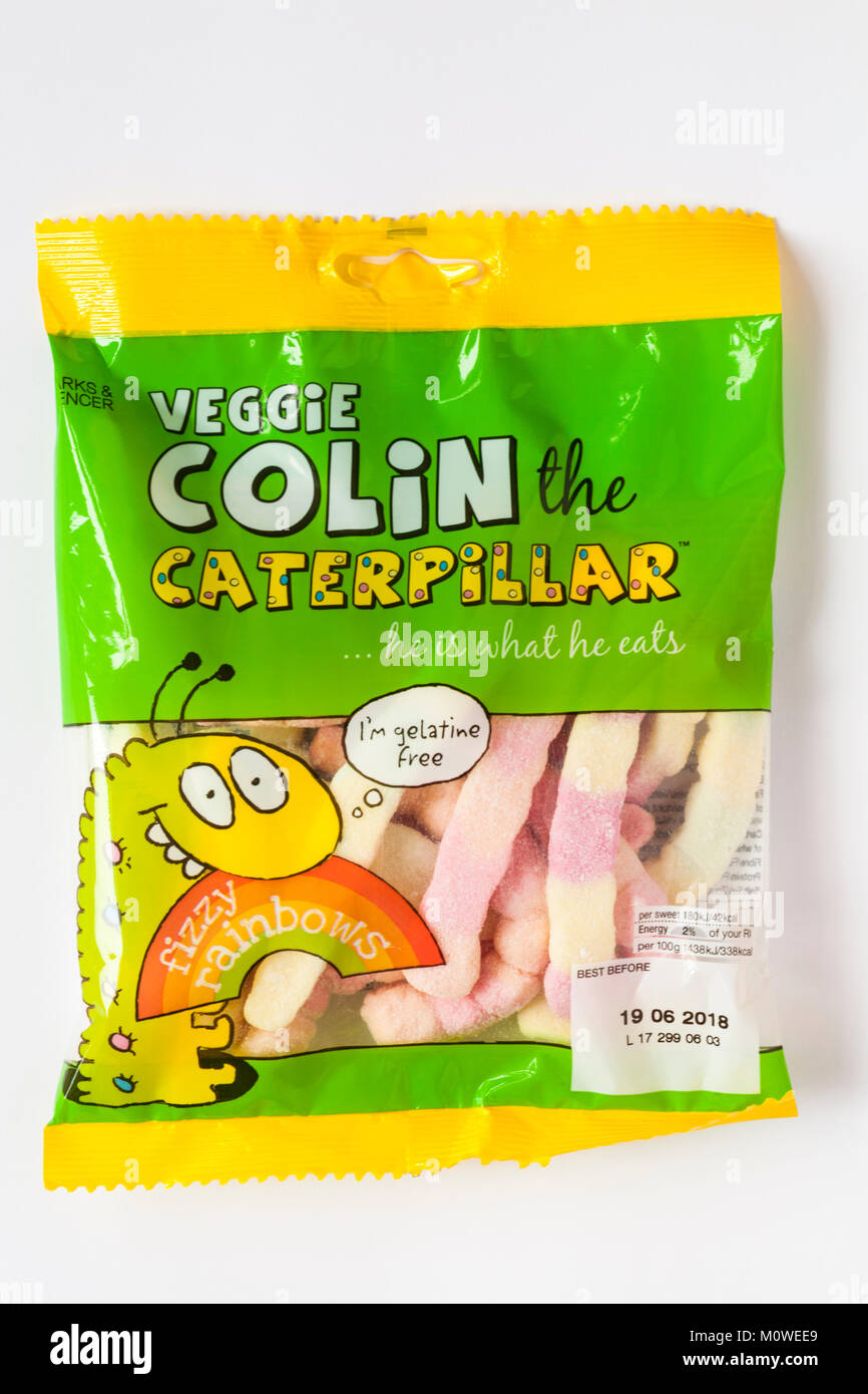 packet of M&S Veggie Colin the Caterpillar he is what he eats fizzy rainbows sweets fruit flavour gums with a sour sugar coating made without gelatine Stock Photo