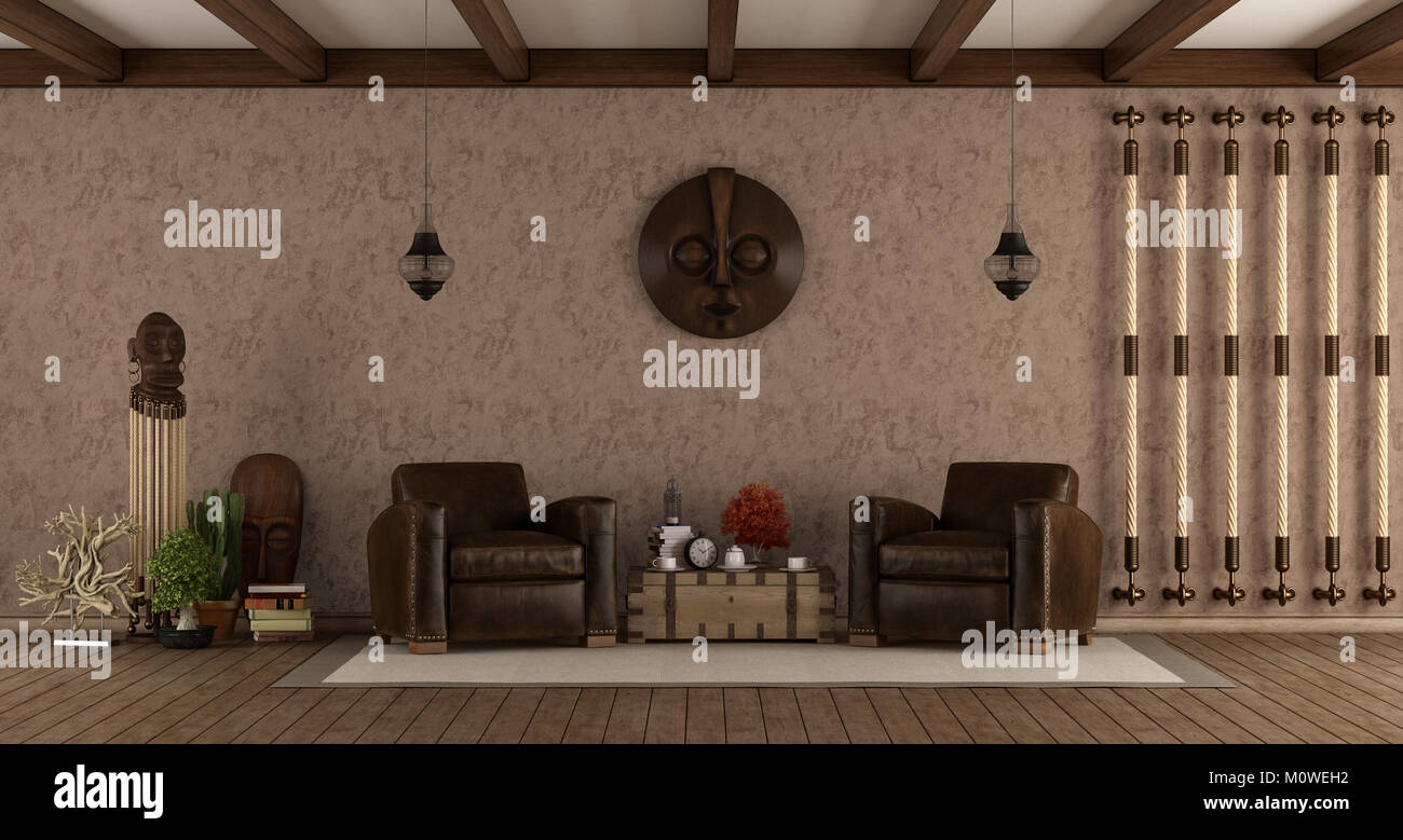 Living room in ethnic style with leather armchairs and decor objects - 3d rendering Stock Photo