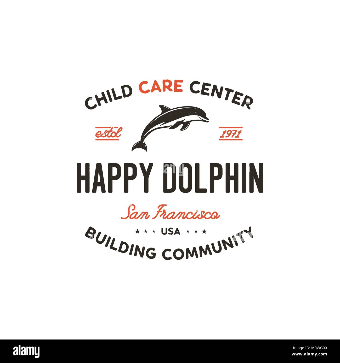 Child care center emblem. Dolphin symbol, icon and typography design badge. Happy dolphin sign. Stock vector logo template isolated on white background Stock Vector