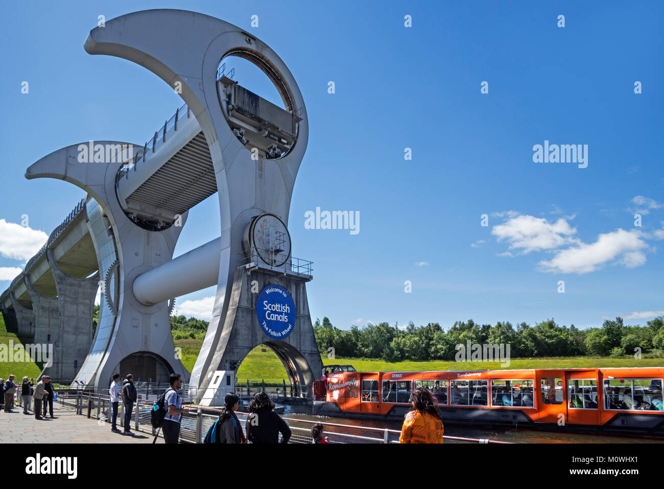 Tourists visiting Falkirk Wheel, rotating boat lift connecting the Forth and Clyde Canal with the Union Canal, Stirlingshire, Scotland, UK Stock Photo