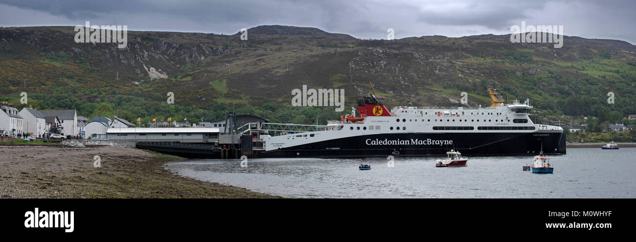 Caledonian MacBrayne ferry boat docked at Ullapool pier with destination Stornoway, Scottish Highlands, Scotland, UK Stock Photo