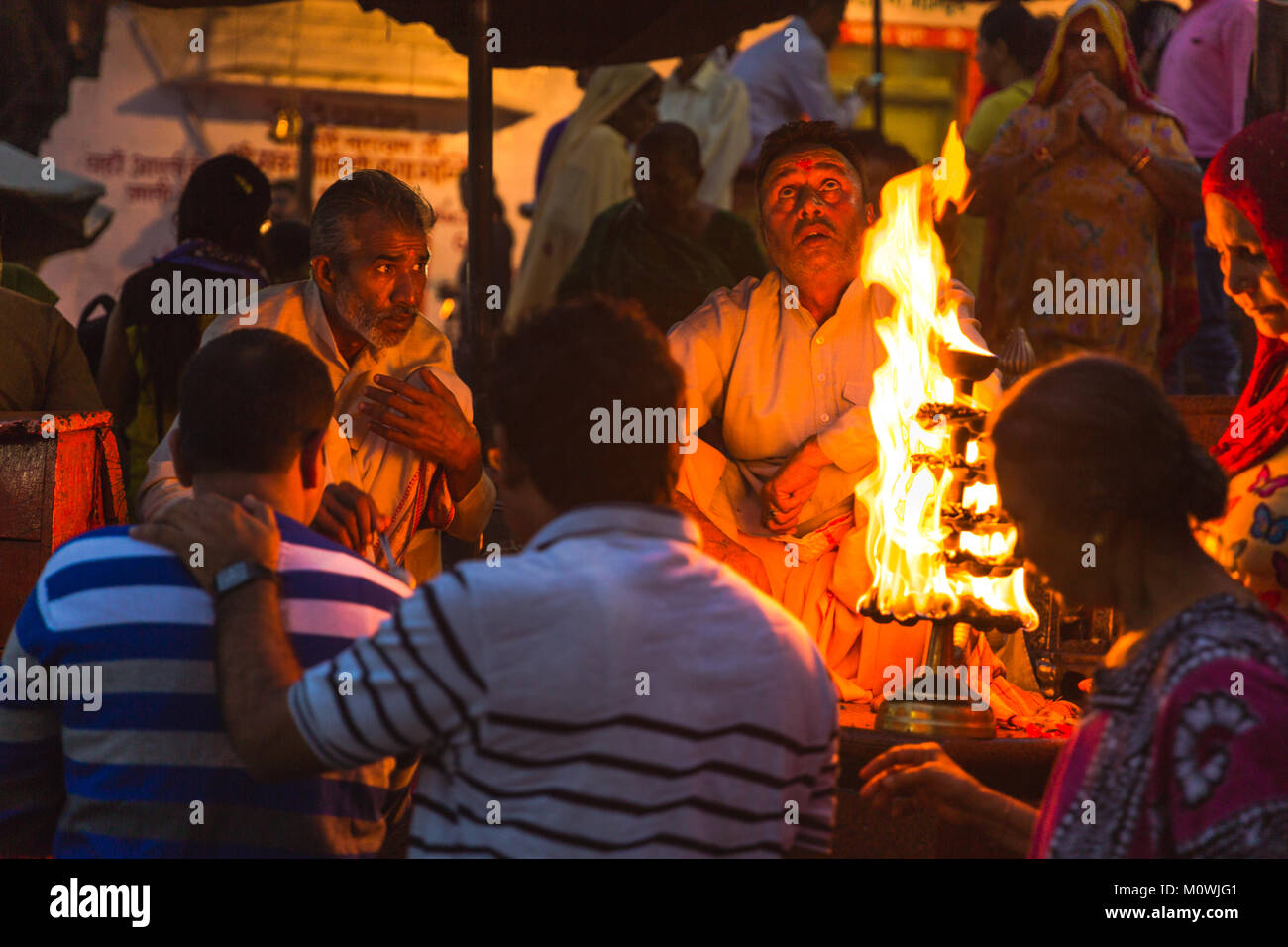 Haridwar, Uttarakhand -August 17 2016:  Hindu People in the holy city of Haridwar in Uttarakhand, India during the evening light ceremony-Ganga aarthi Stock Photo
