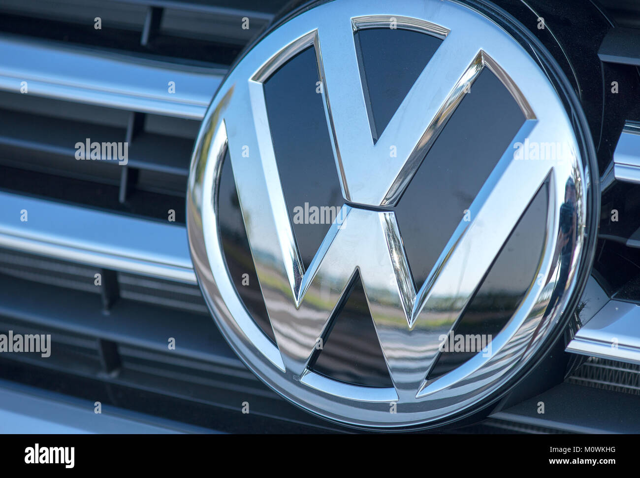 ROMANIA-SEPTEMBER 2 2017:Volkswagen logo on September 2 2017 in ROMANIA. Volkswagen is a German automobile manufacturer headquartered in Wolfsburg, Stock Photo