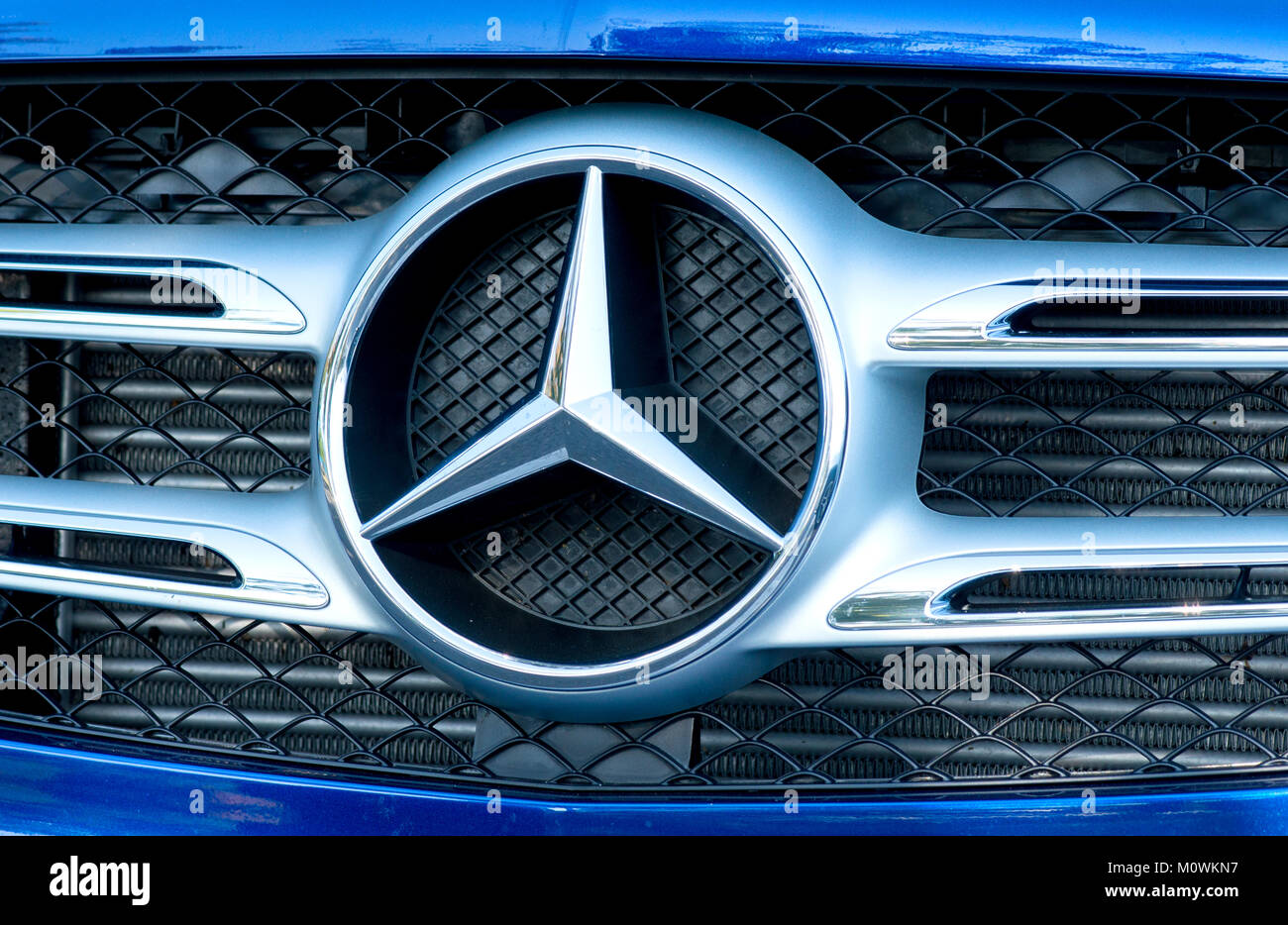 GALATI, ROMANIA SEPTEMBER, 2017: Mercedes Benz logo close up on a car grill. Mercedes-Benz is a German automobile manufacturer. Stock Photo
