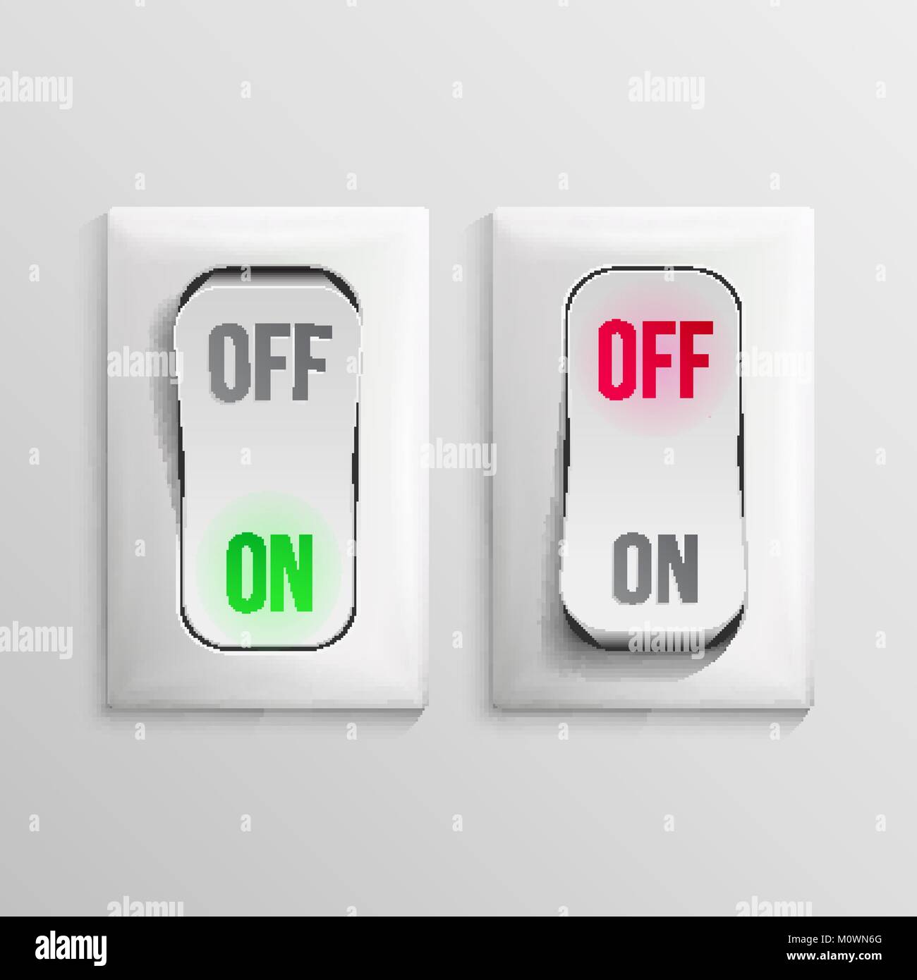 3D Toggle Switch Vector. White Switches With On, Off Position. Electric Light Control Illustration. Stock Vector