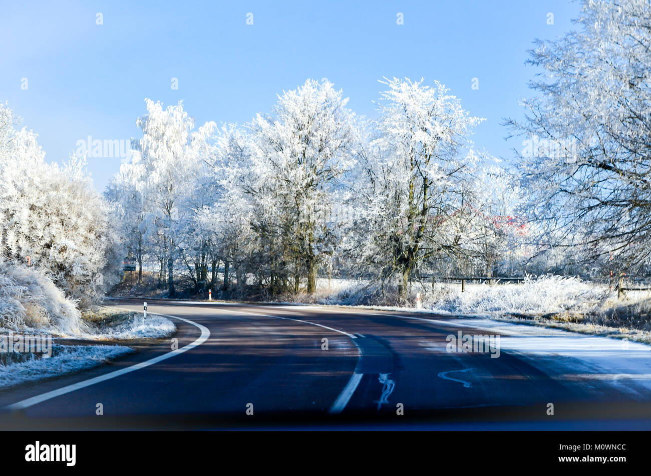 Curvy Road And Beginning Frost Usable For Traffic With Free Space For Stock Photo Alamy