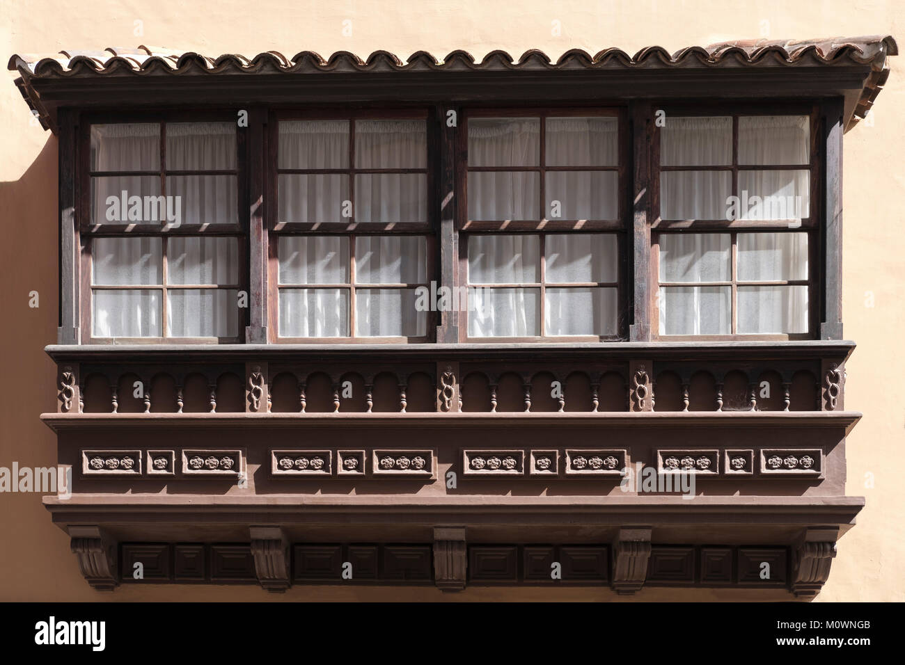 Wooden balconie, traditional house facade, San Cristobal de La Laguna, Tenerife, Canary Islands, Spain, Stock Photo