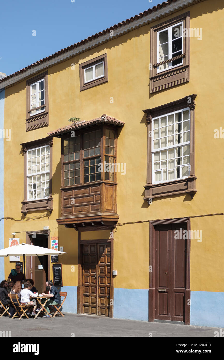 Traditional house, Building, Wooden, facades, balconies, windows, San Cristobal de La Laguna, Tenerife, Canary Islands, Spain, Stock Photo