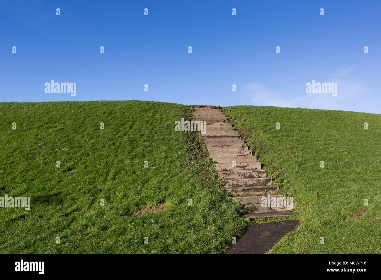 Stone steps through green grass heading up to blue sky Stock Photo