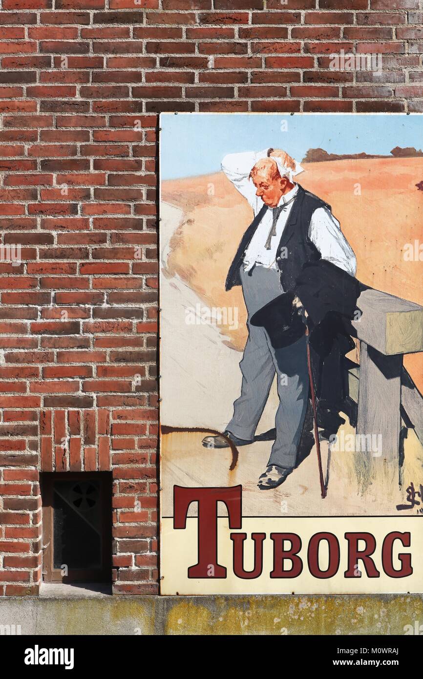 Middelfart, Denmark - September 10, 2016: Vintage Tuborg beer advertising on a wall. Tuborg is a Danish brewing company founded in 1873 Stock Photo
