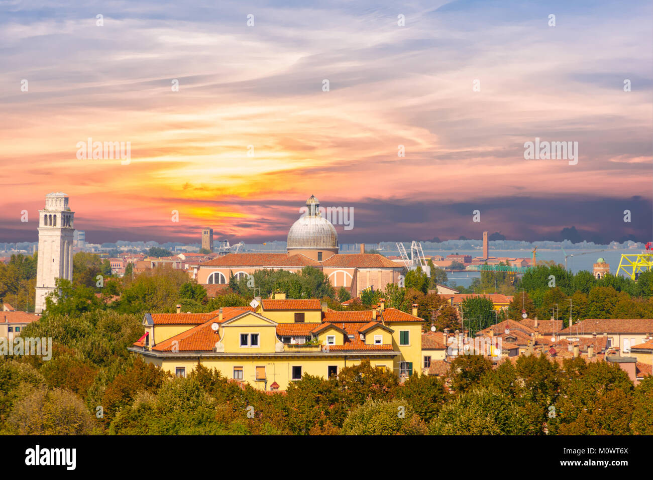 Venice Dome and Tower at Sunset with Canal in Background Stock Photo ...