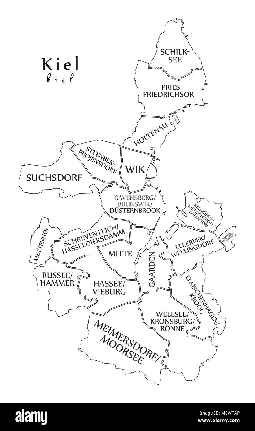 Modern City Map Kiel city of Germany with boroughs and titles DE