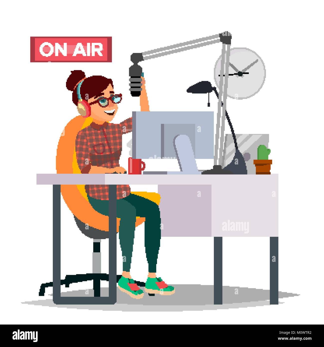 Radio DJ Woman Vector. Broadcasting. Modern Radio Station. Female Speak Into The Microphone. On Air. Broadcasting. Isolated Flat Cartoon Illustration Stock Vector