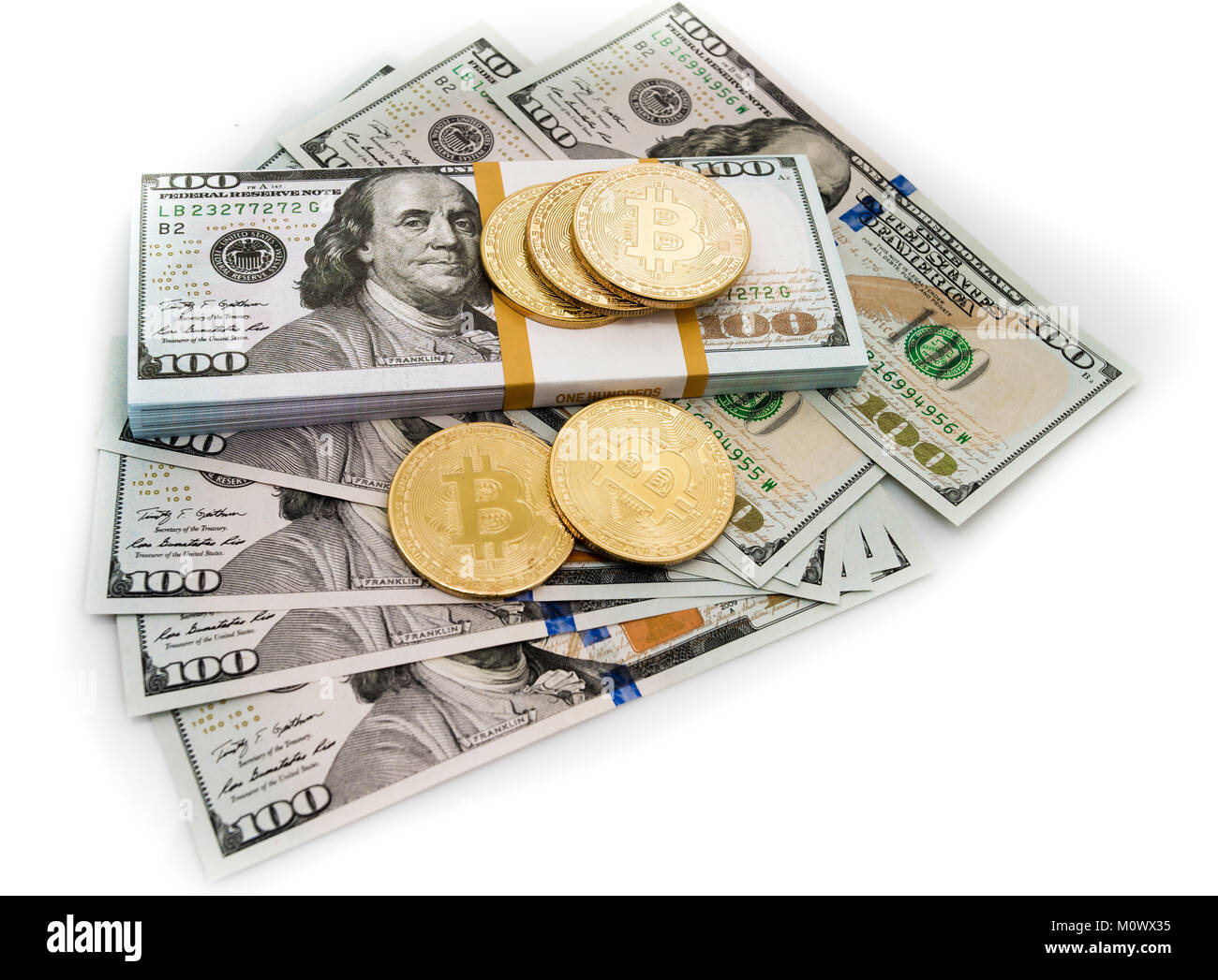 Golden physical coin bitcoin on euro banknotes Cut Out Stock Images &  Pictures - Alamy