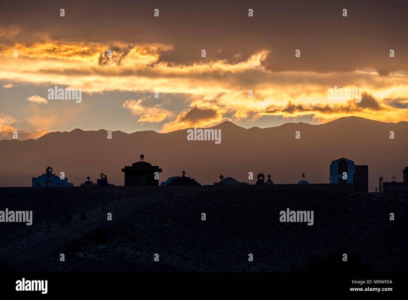 Argentine,Catamarca province,Fiambala,cemetery of Saujil,sunset over the Cordillere,Andes mountains Stock Photo