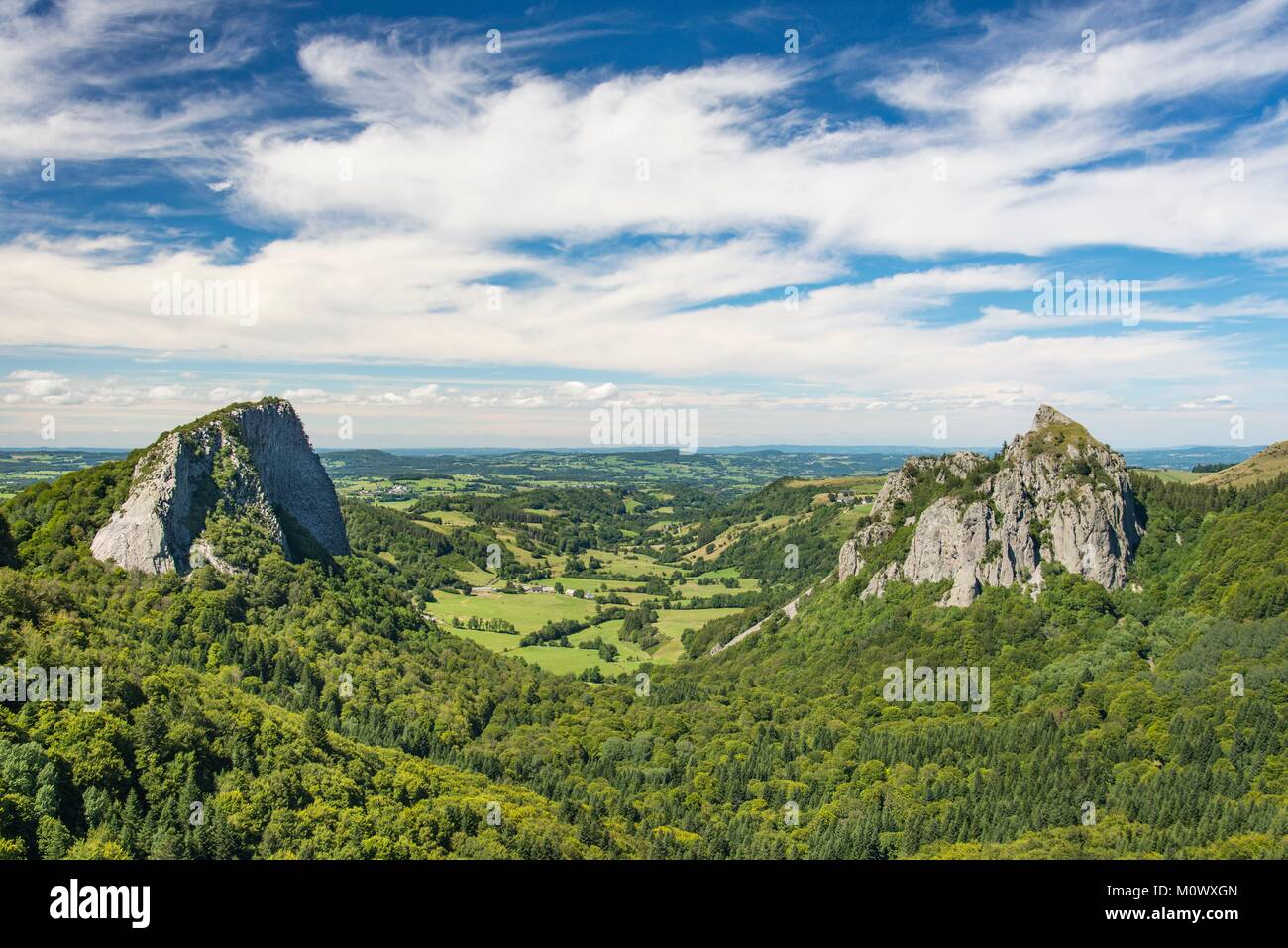 France,Puy de Dome,Orcival,Regional Natural Park of the Auvergne Volcanoes,Monts Dore,Tuiliere and Sanadoire rocks,2 volcanic pipes Stock Photo