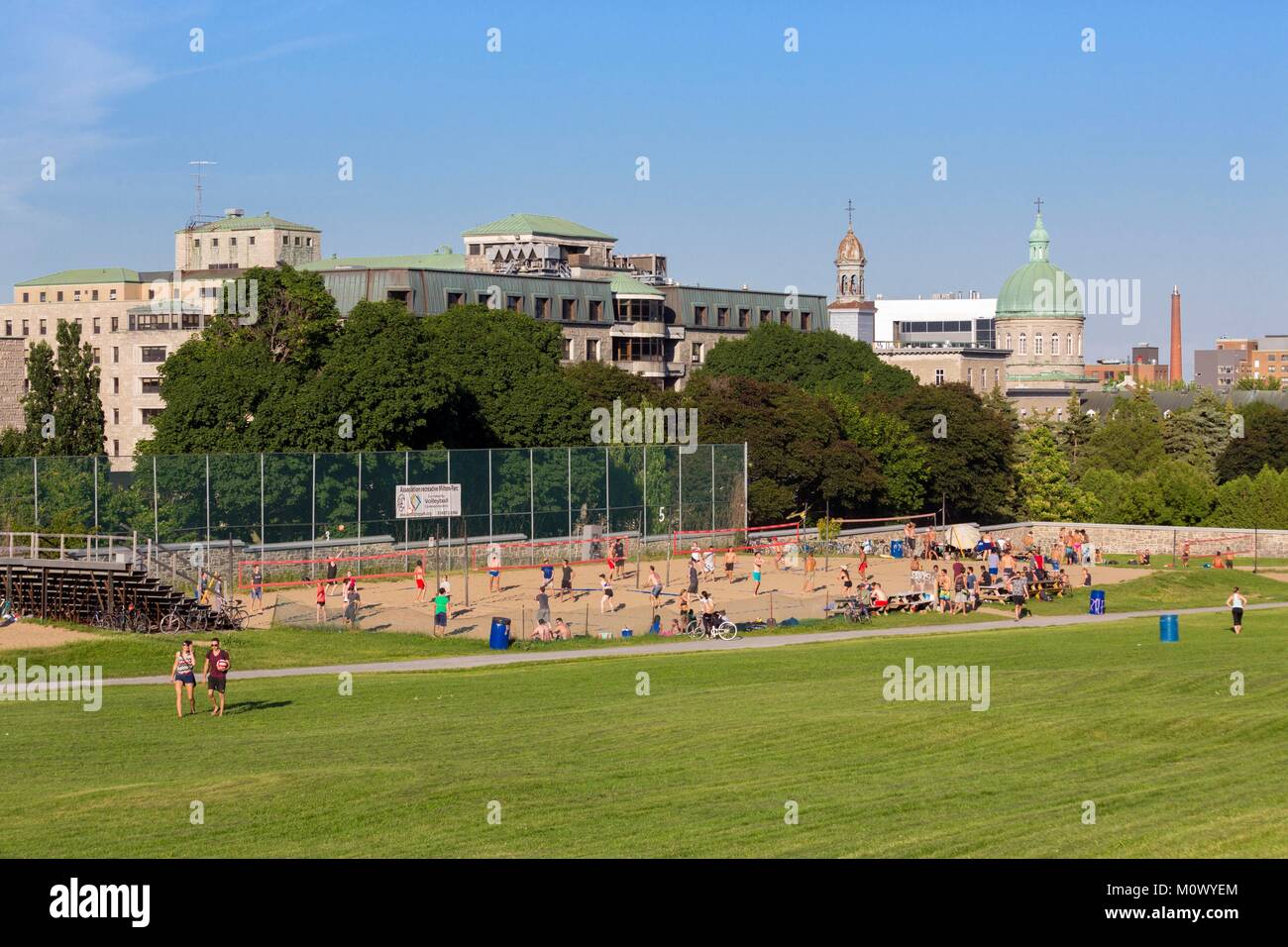 Canada,Quebec province,Montreal,Mount Royal,Jeanne-Mance Park in the heart of the city,beach volleyball courts,in the background the Hotel Dieu and its gardens Stock Photo