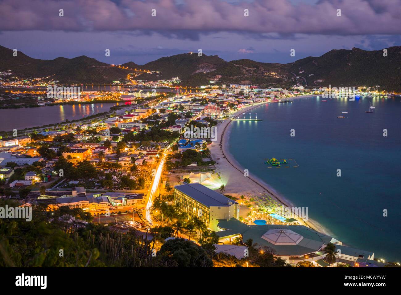 Netherlands,Sint Maarten,Philipsburg,elevated town and beach view from Fort Hill,dusk Stock Photo
