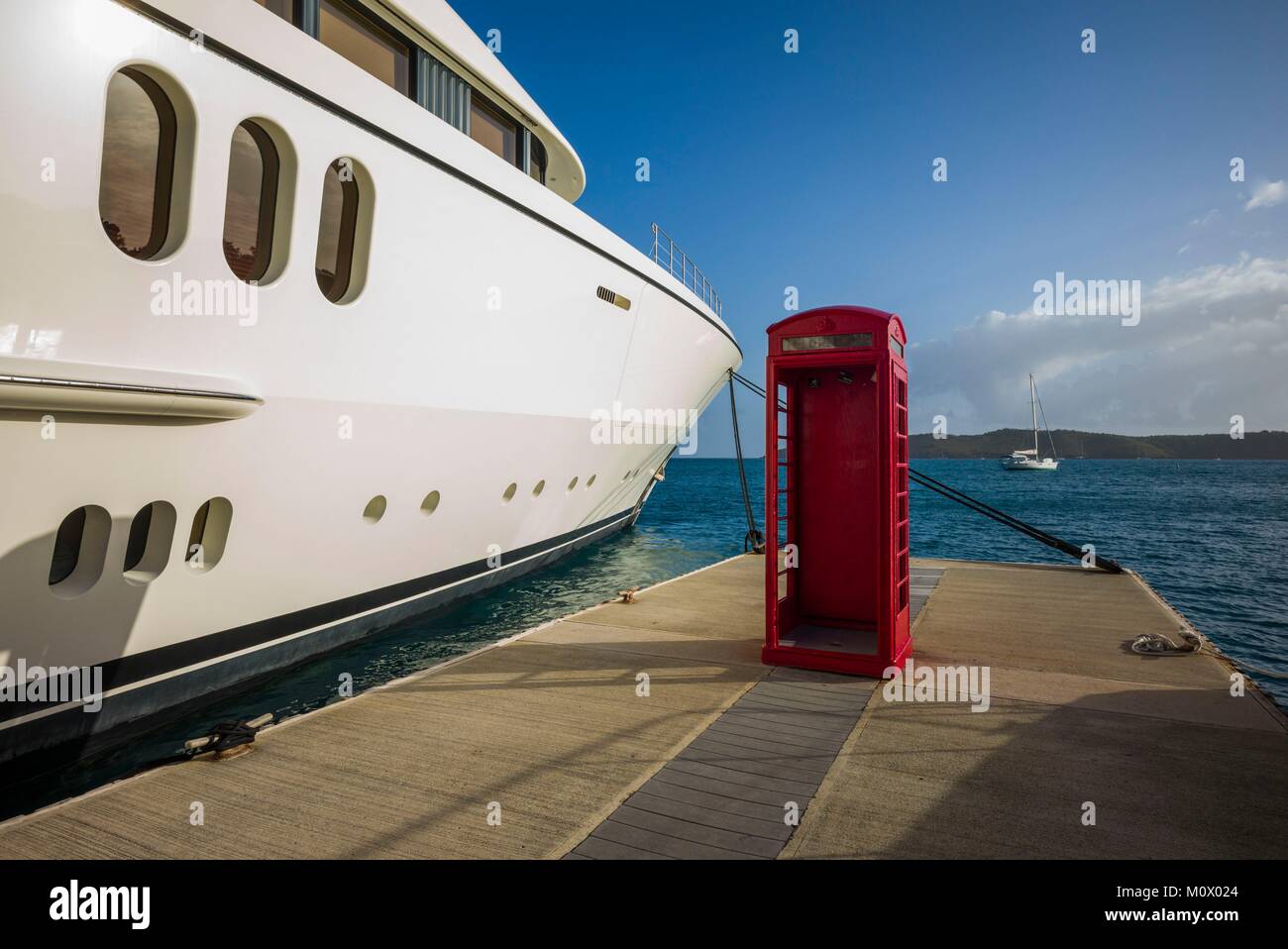 British Virgin Islands,Virgin Gorda,Leverick Bay,yacht harbor and English-style telephone booth Stock Photo
