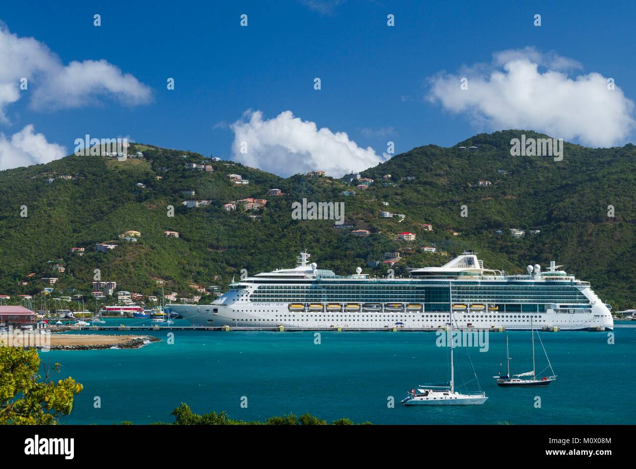 British Virgin Islands,Tortola,Road Town,elevated port view with cruiseship Stock Photo