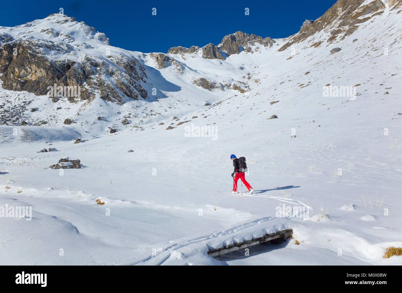 Switzerland,Graubunden,Bergun,ski touring in the Parc Ela at the foot of Piz Ela (3368 m) Stock Photo