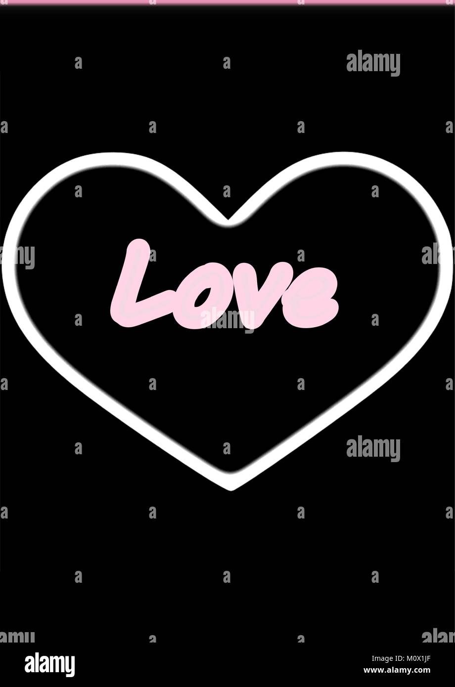 White Heart With The Word 'Love' In Pink Writing On A Black Background Stock Vector