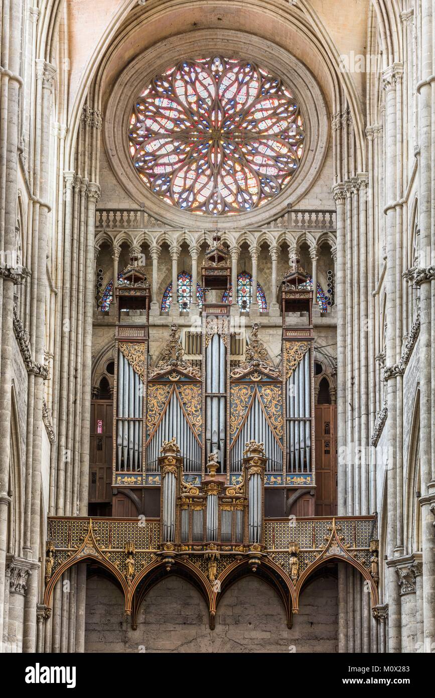France,Somme,Amiens,Notre-Dame cathedral,jewel of the Gothic art,listed as  World Heritage by UNESCO,the great organ of 1422 and the rose of the  western facade or rose of the Sea (end of the 15th century
