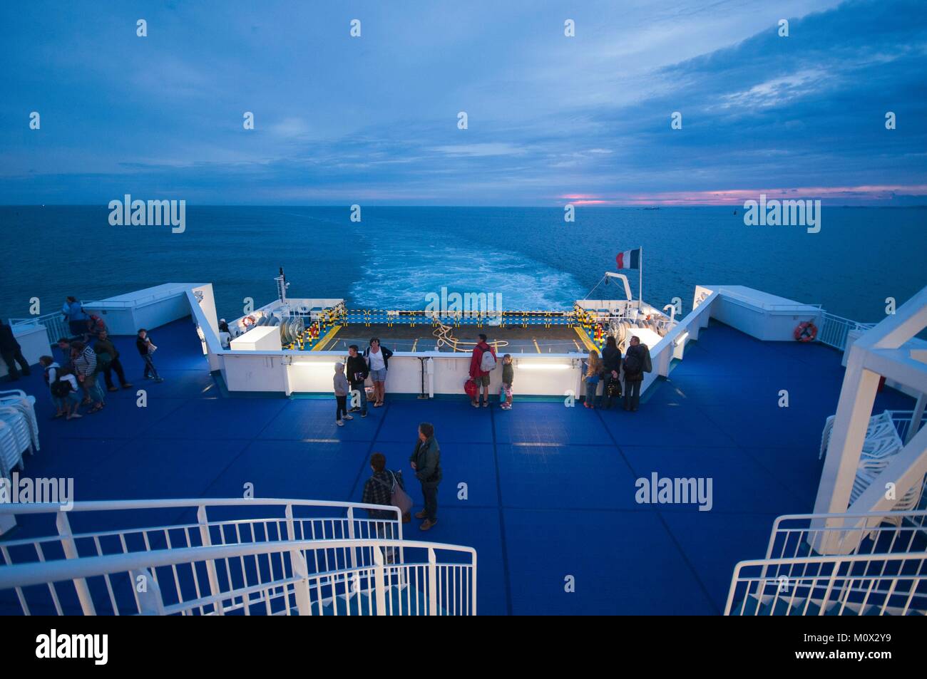 France,Finistere,Roscoff,sunset on Pont-Aven Brittany Ferries back deck Stock Photo