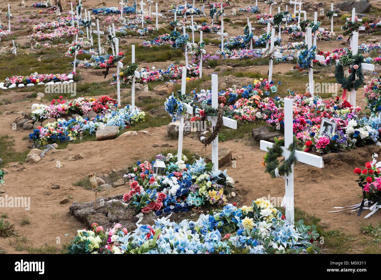Greenland,Sermersooq,Tasiilaq cemetery in flower valley Stock Photo