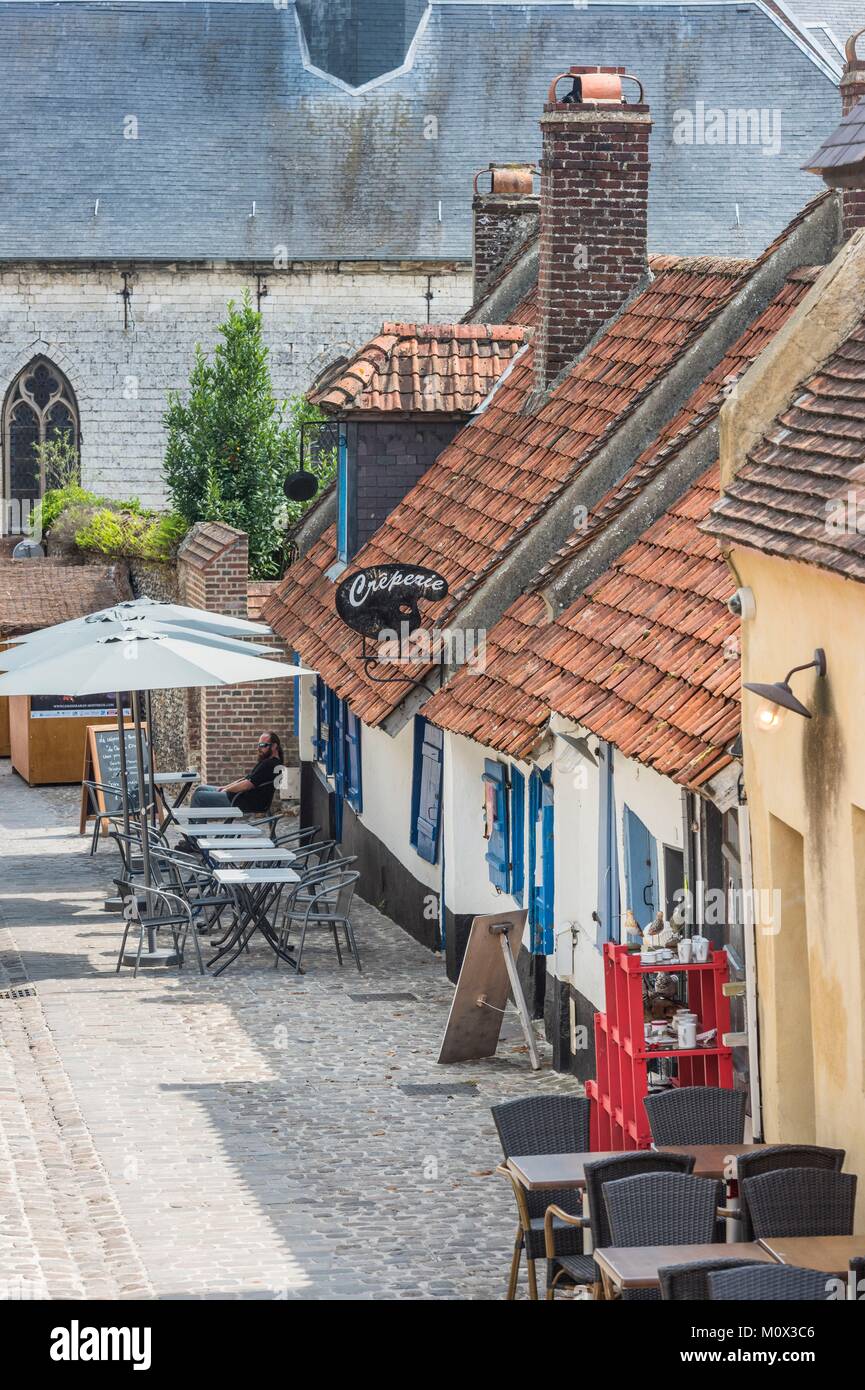 France,Pas-de-Calais,Montreuil-sur-Mer,fortified city,Clape en Bas street,picturesque street lined with 18th century low houses Stock Photo