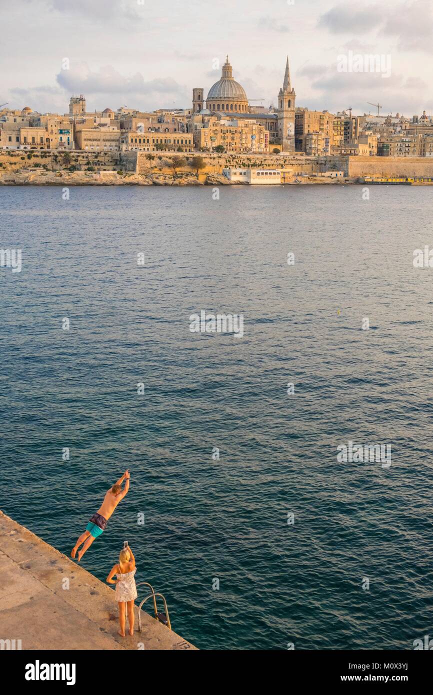 Malta,Valletta,listed as World Heritage by UNESCO,the Anglican cathedral of St Paul and the Carmelite church seen from Sliema Stock Photo