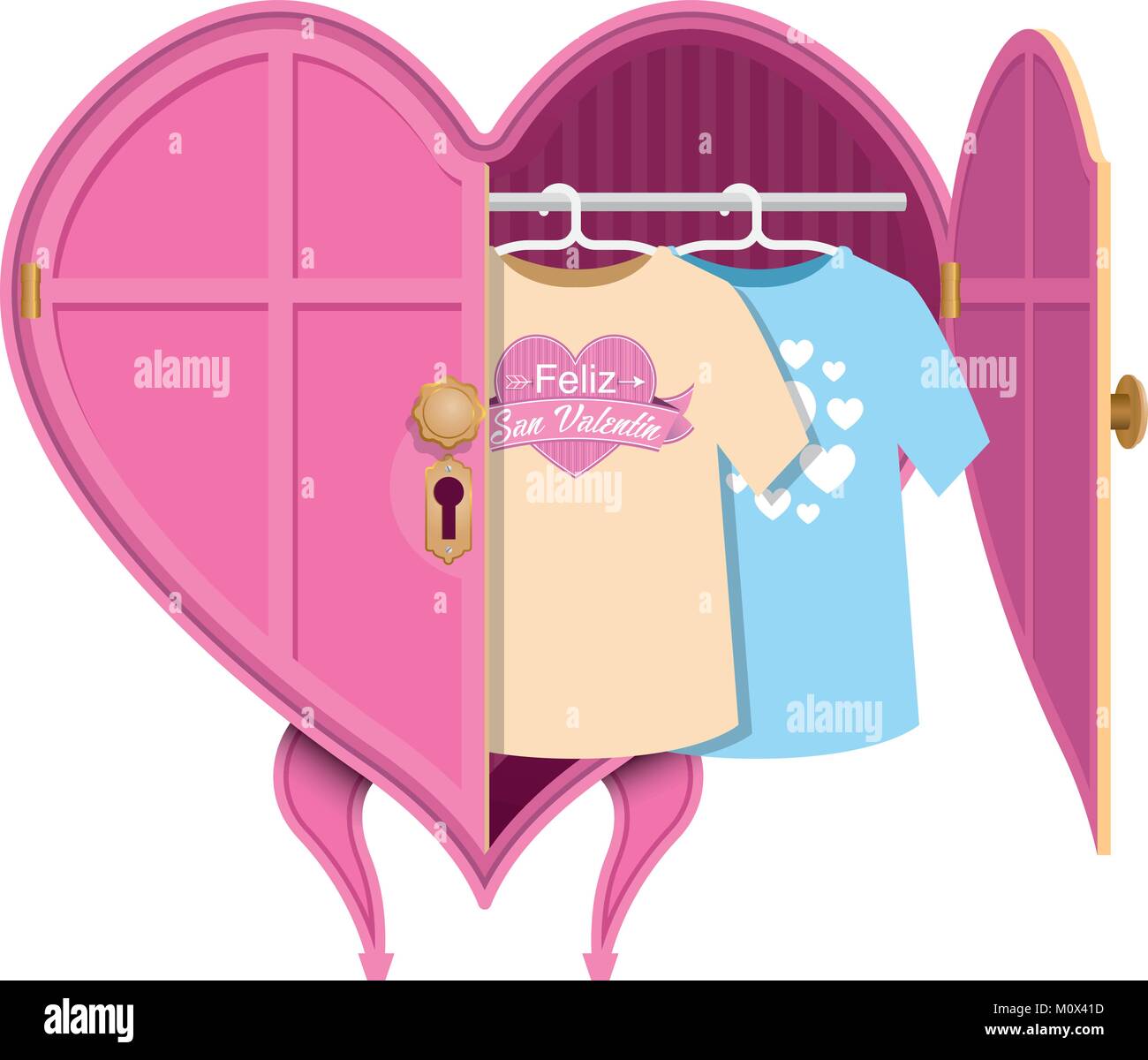Pink heart-shaped clothes closet with an open door, inside there are two shirts with the message: Feliz San Valentin Stock Vector