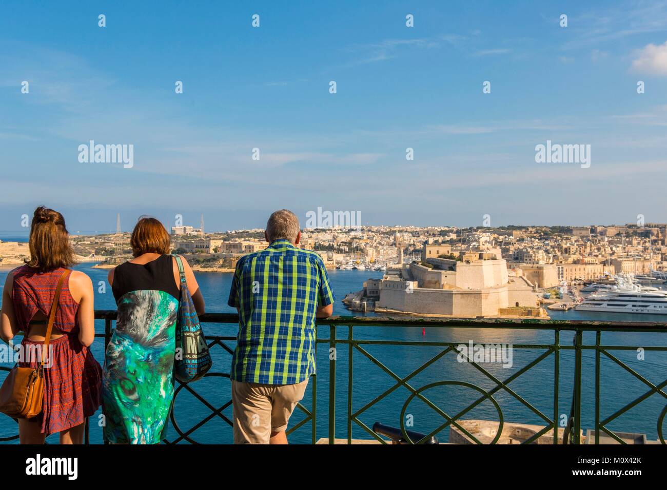 Malta,Valletta,listed as World Heritage by UNESCO,the Upper Barraca gardens,a view of the Three Cities,Birgu with fort Sant Angelo Stock Photo