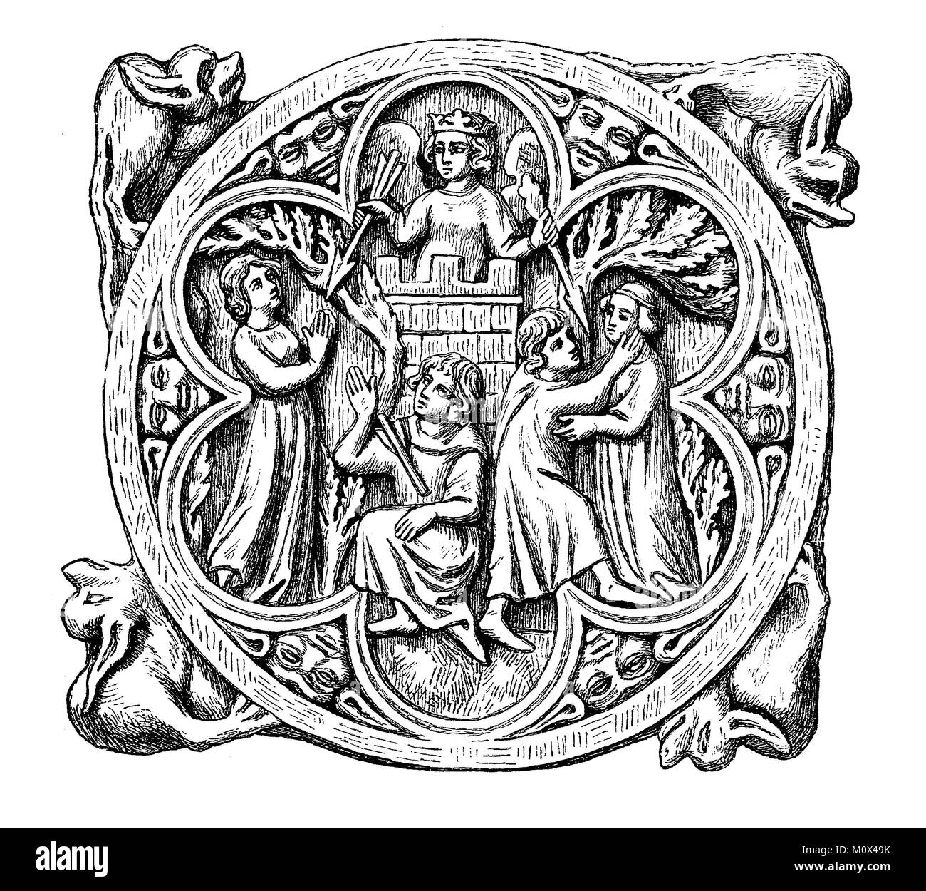 Representation of Frau Minne on an ivory-colored mirrored cube from the 13th to 14th centuries, in the Berlin Museum, Frau Minne is an embodiment of courtly love in Middle High German literature, Germany, digital improved file of a original print of the 19. century Stock Photo