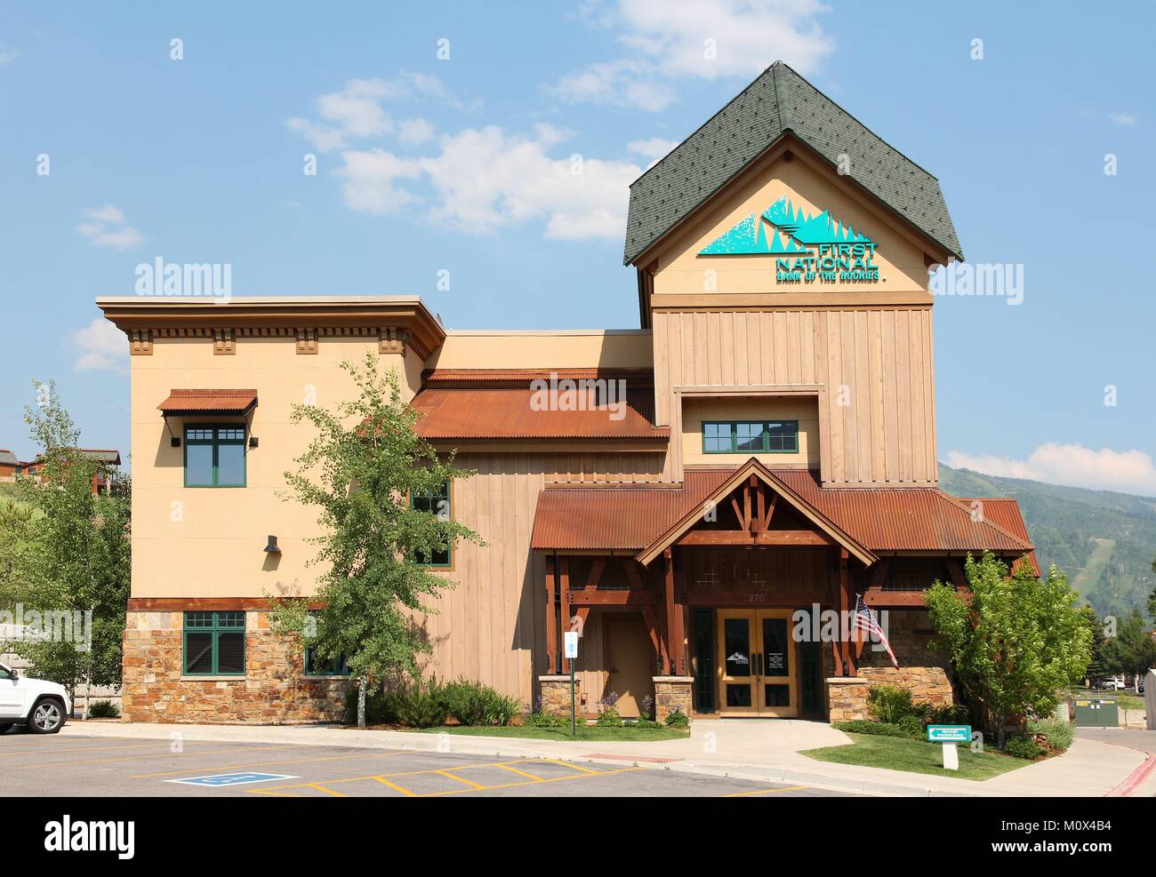 STEAMBOAT SPRINGS, COLORADO - JUNE 19: First National Bank of the Rockies on June 19, 2013 in Steamboat Springs, Colorado. FNBR exists since 1904 and  Stock Photo