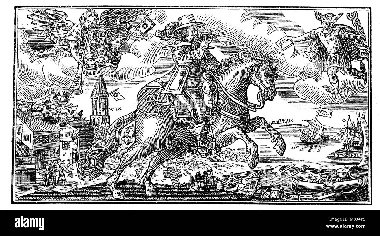 Illustration of the, Neuer Aus Muenster, from the 25th of the wine month in the year 1648 a peace-bringing mail rider, Thirty Years War 1618-1648, the mail rider trumpets the joy over the Westphalian peace, from 24 October 1648, in the world, digital improved file of a original print of the 19. century Stock Photo