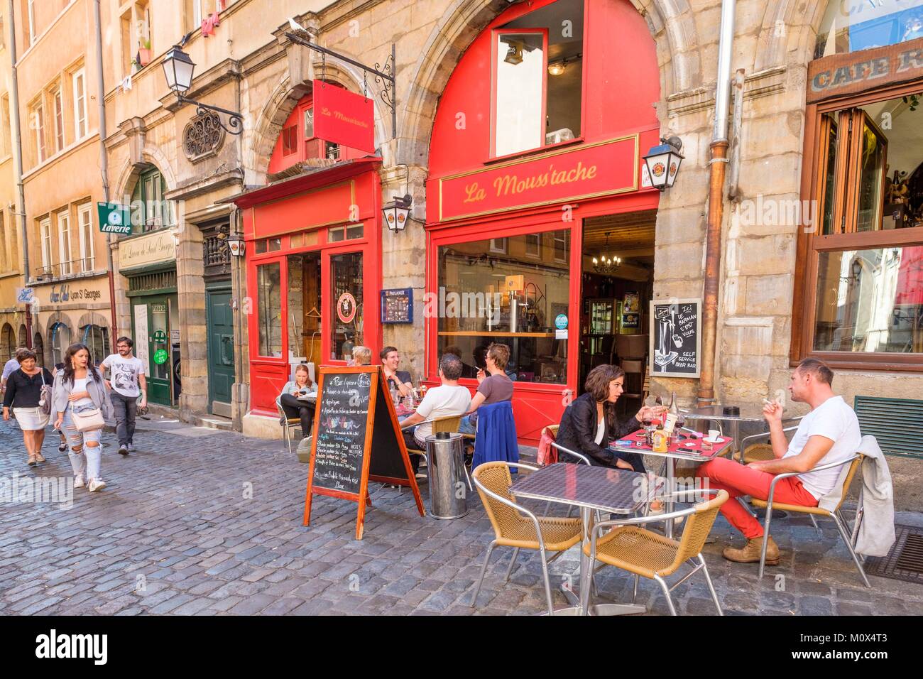 France,Rhone,Lyon,historic centre classified as a UNESCO World Heritage  site,Old Lyon district,Mouss'tache restaurant,Saint-Georges street Stock  Photo - Alamy