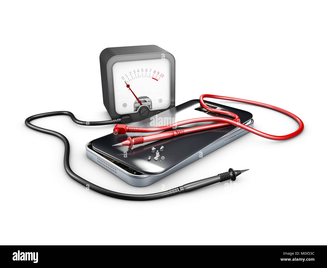 3d Illustration of Broken cell phone repair. Smartphone parts and tools