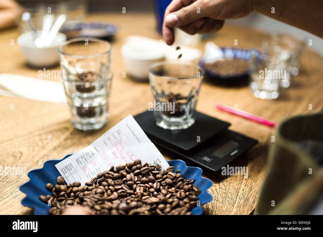 Weighting coffee for coffee cupping Stock Photo